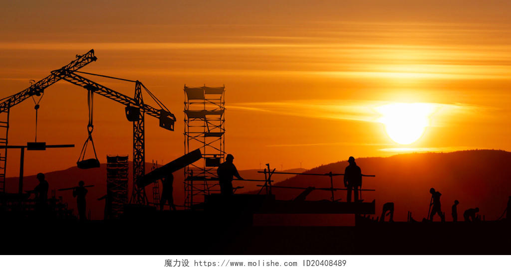 2020安全生产月黄色安全生产月建筑工人剪影夕阳美景创意背景